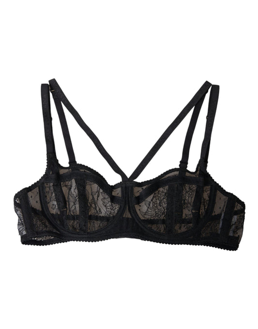 Soutien-gorge balconnet en nylon et dentelle florale noire Dolce &amp; Gabbana