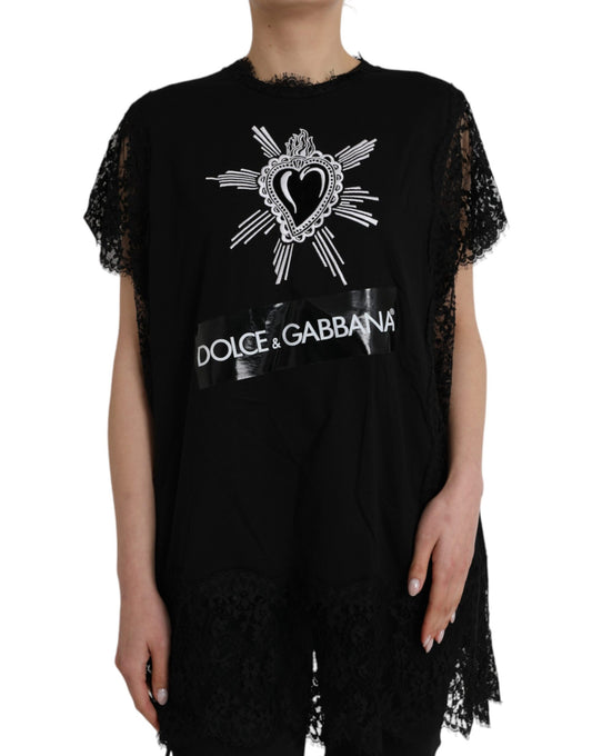T-shirt en dentelle de coton noir à imprimé Sacré-Cœur Dolce &amp; Gabbana