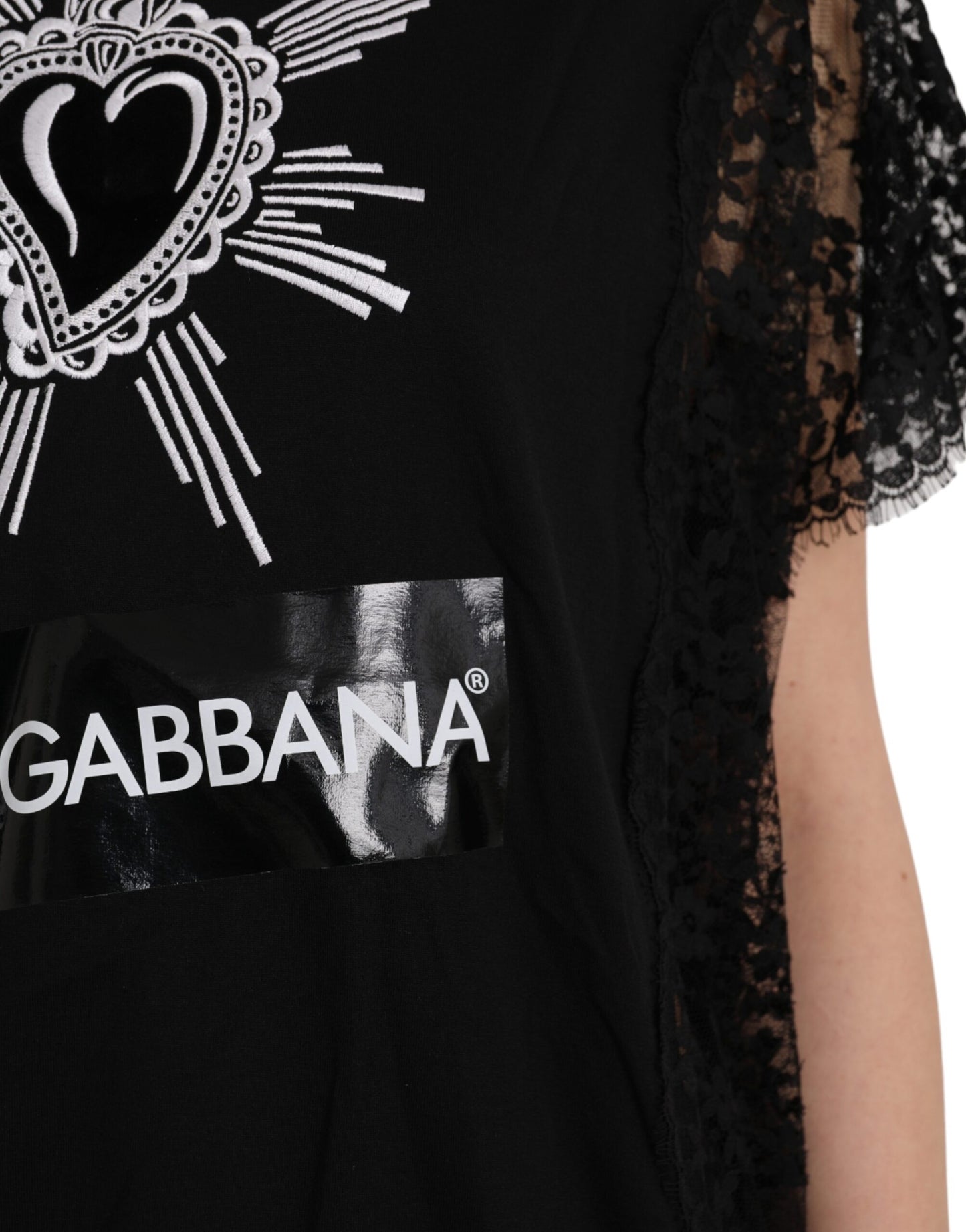 T-shirt en dentelle de coton noir à imprimé Sacré-Cœur Dolce &amp; Gabbana