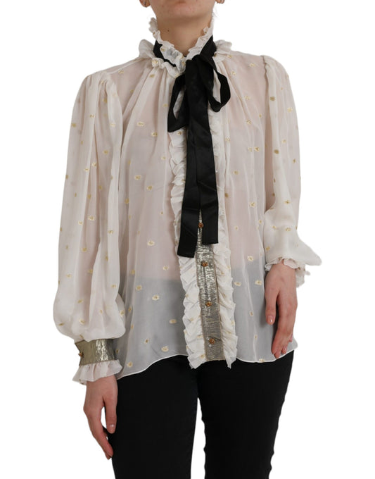 Dolce &amp; Gabbana Blusentop aus Seidenmischung mit Ascot-Kragen in Off-White
