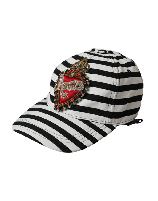 Casquette de baseball Dolce &amp; Gabbana à rayures noires et blanches avec appliqué en forme de cœur