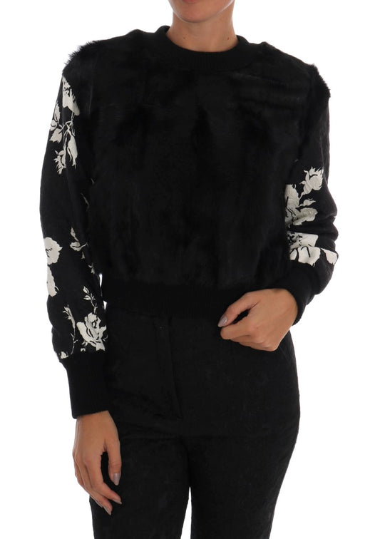 Pull zippé en brocart fleuri et fourrure noire Dolce &amp; Gabbana