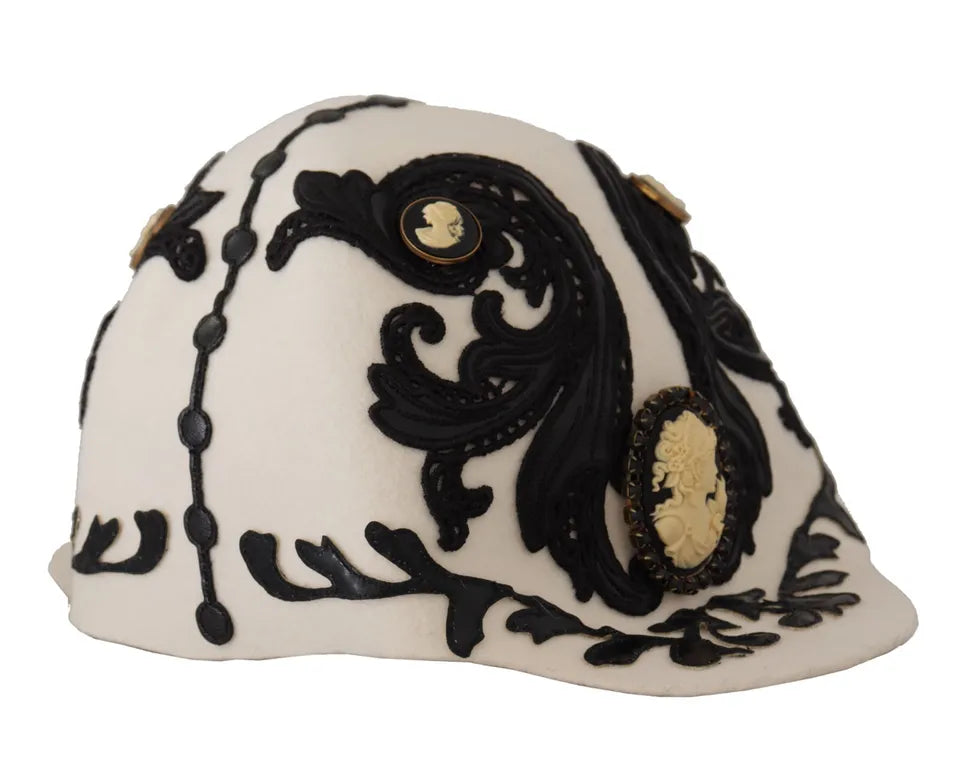 Chapeau Dolce &amp; Gabbana en laine blanche et noire avec broche camée brodée