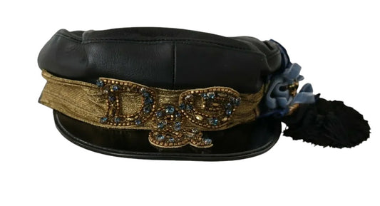 Casquette de violon Dolce &amp; Gabbana en cuir noir et perles de cristal avec ruban doré