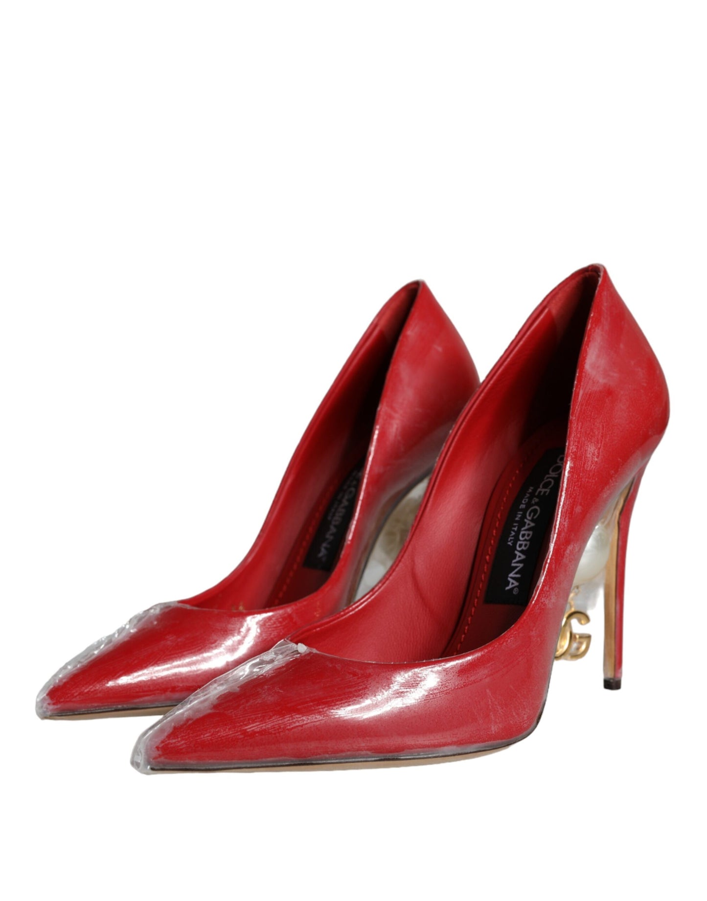 Escarpins à talons en cuir verni rouge et perles synthétiques Dolce &amp; Gabbana