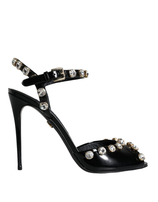 Sandales Dolce &amp; Gabbana en cuir noir avec bride à la cheville et cristaux