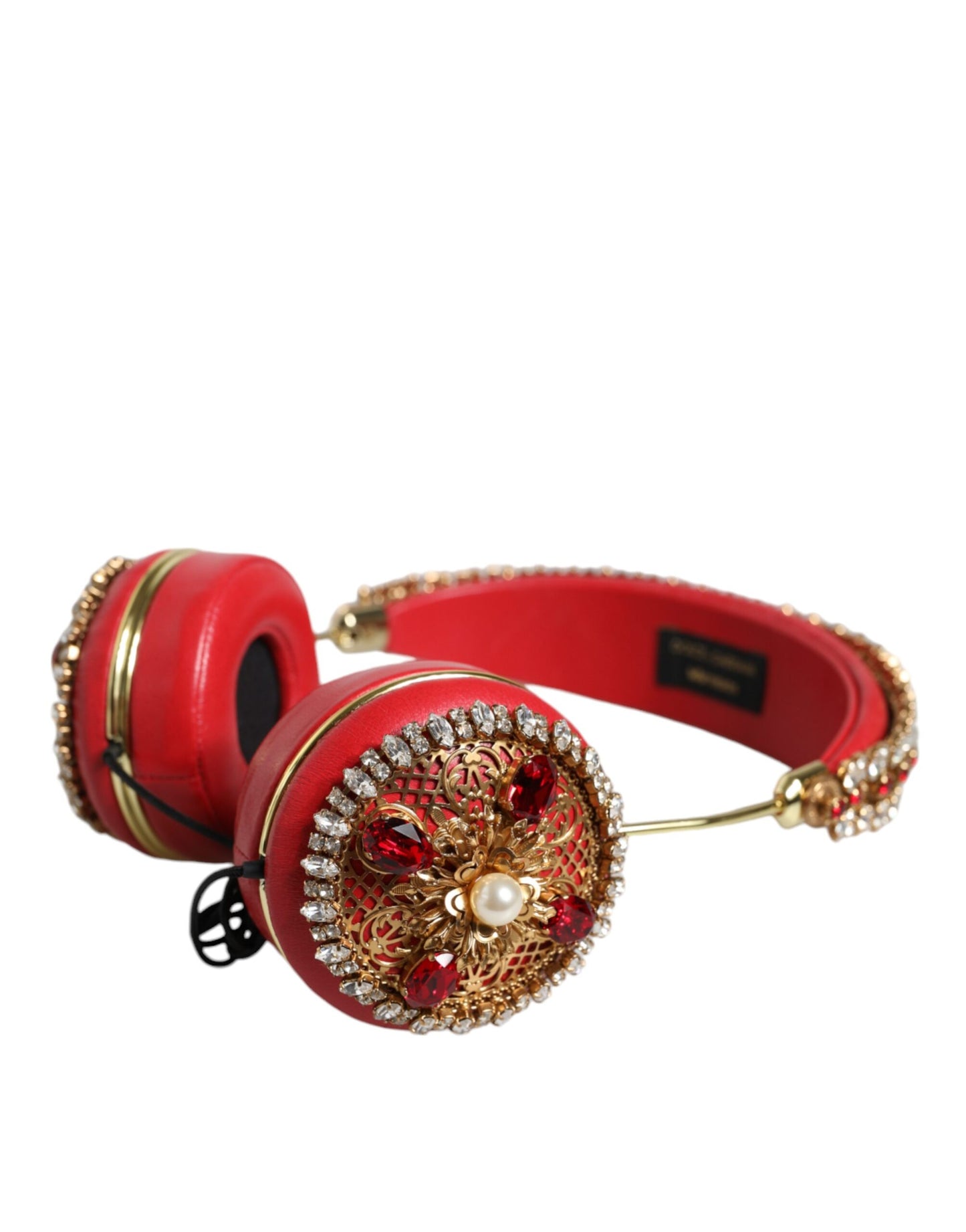 Casque audio Dolce &amp; Gabbana en cuir nappa rouge à fleurs et cristaux
