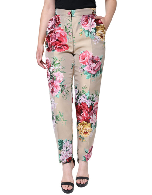 Pantalon fuselé taille haute en jacquard fleuri beige Dolce &amp; Gabbana