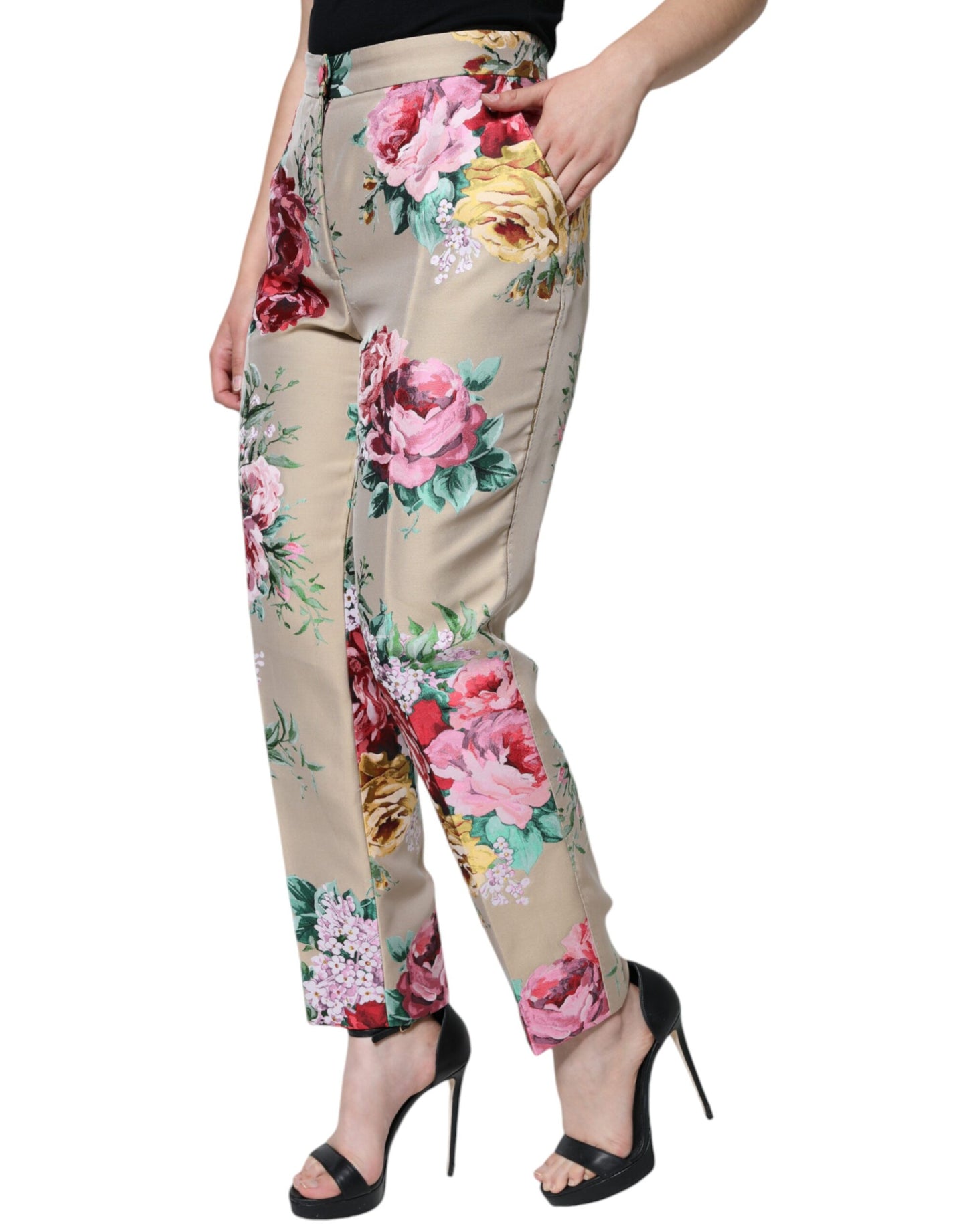 Pantalon fuselé taille haute en jacquard fleuri beige Dolce &amp; Gabbana