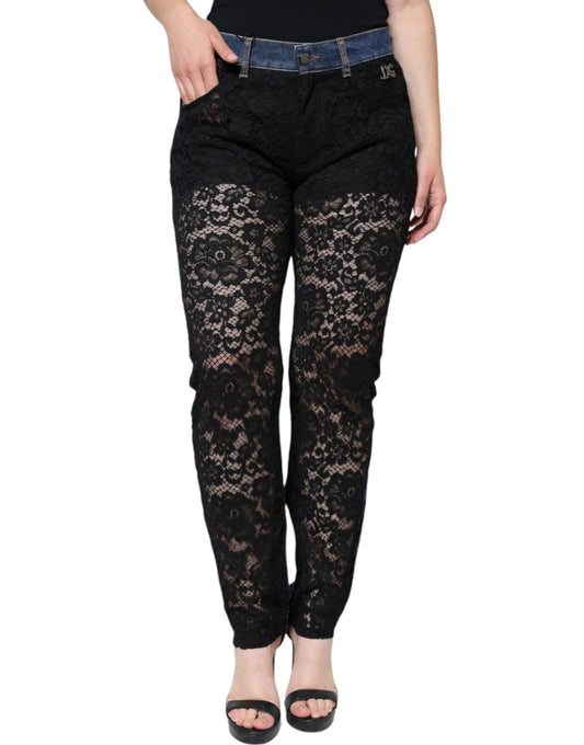 Jean skinny en denim noir à dentelle florale Dolce &amp; Gabbana