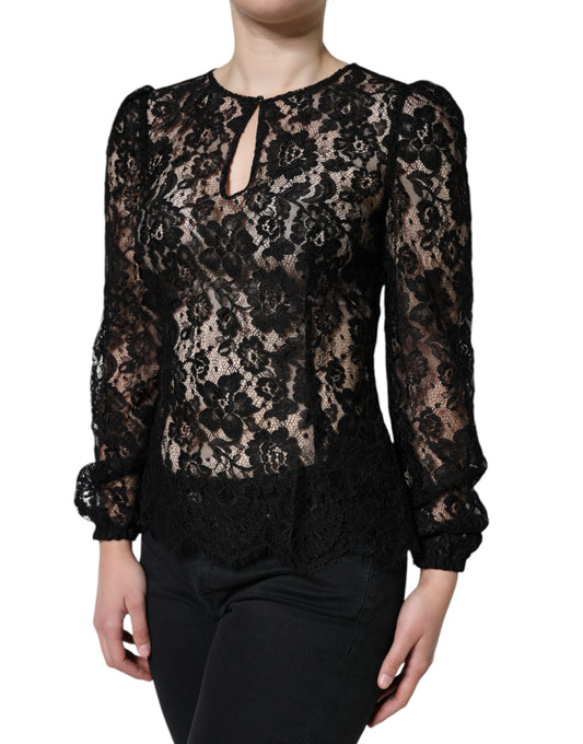 Dolce &amp; Gabbana Haut à manches longues transparent en dentelle florale noire