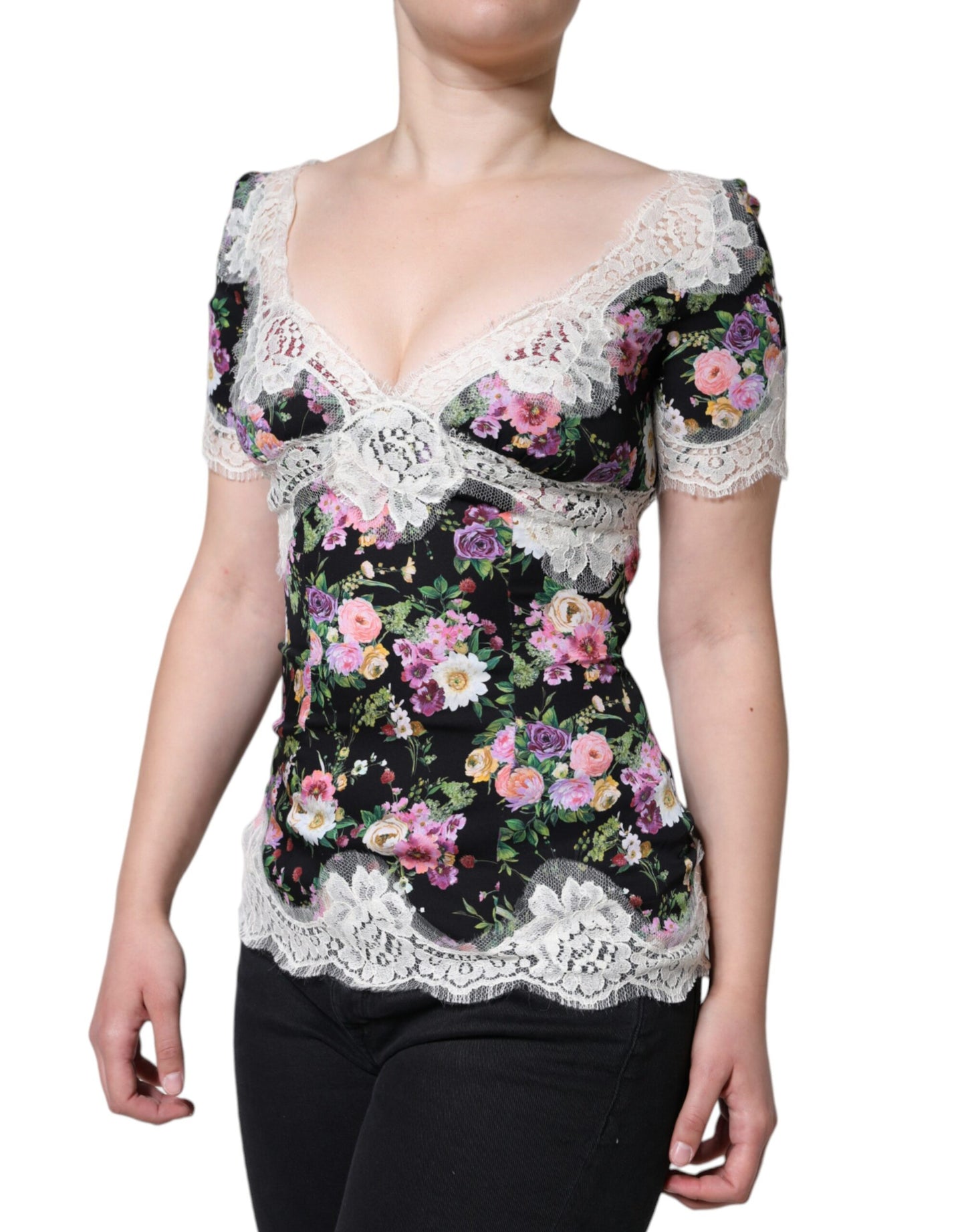 Chemisier à manches courtes en dentelle florale noire Dolce &amp; Gabbana