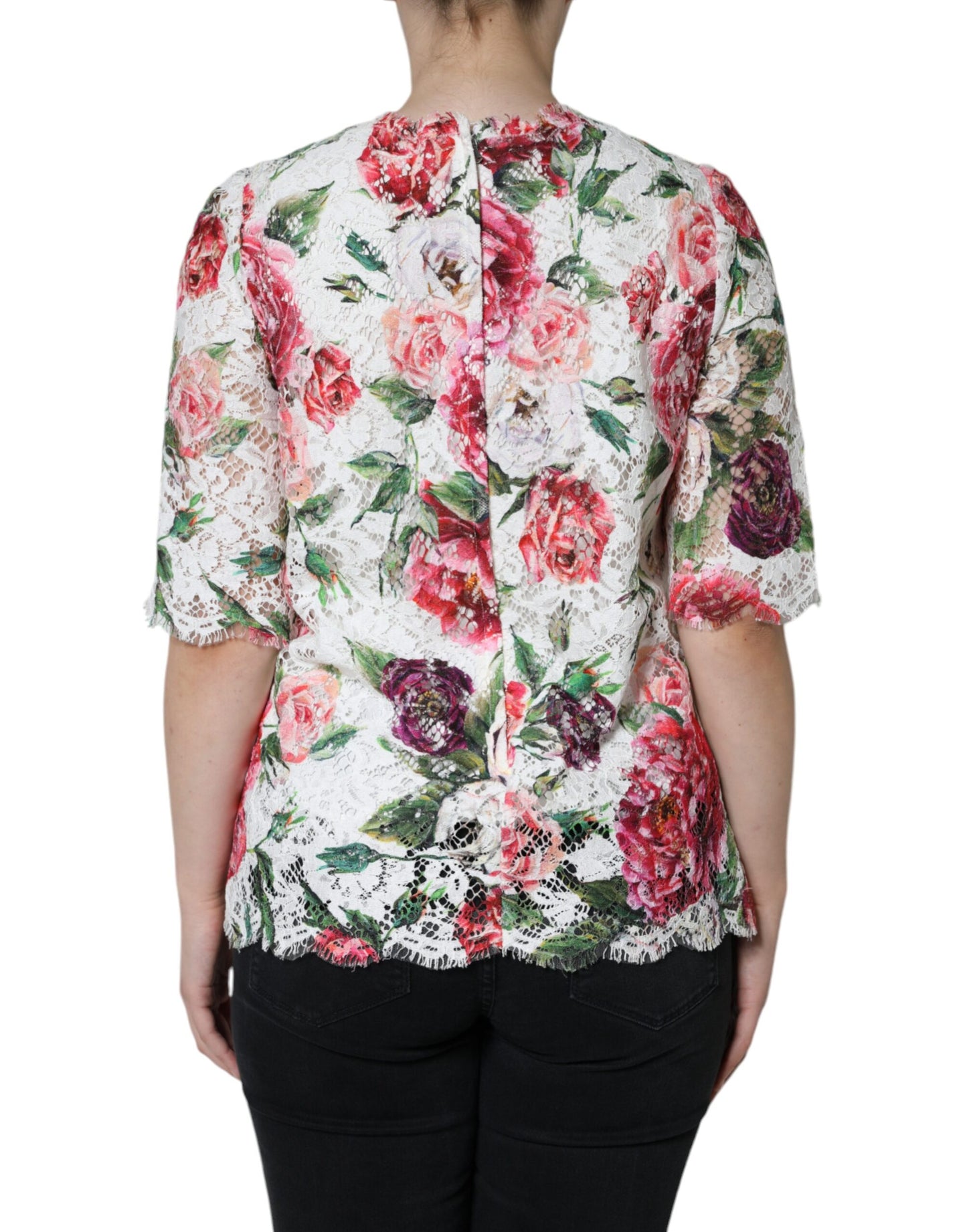 Dolce &amp; Gabbana – Kurzärmliges Blusentop mit weißer Pfingstrosenspitze