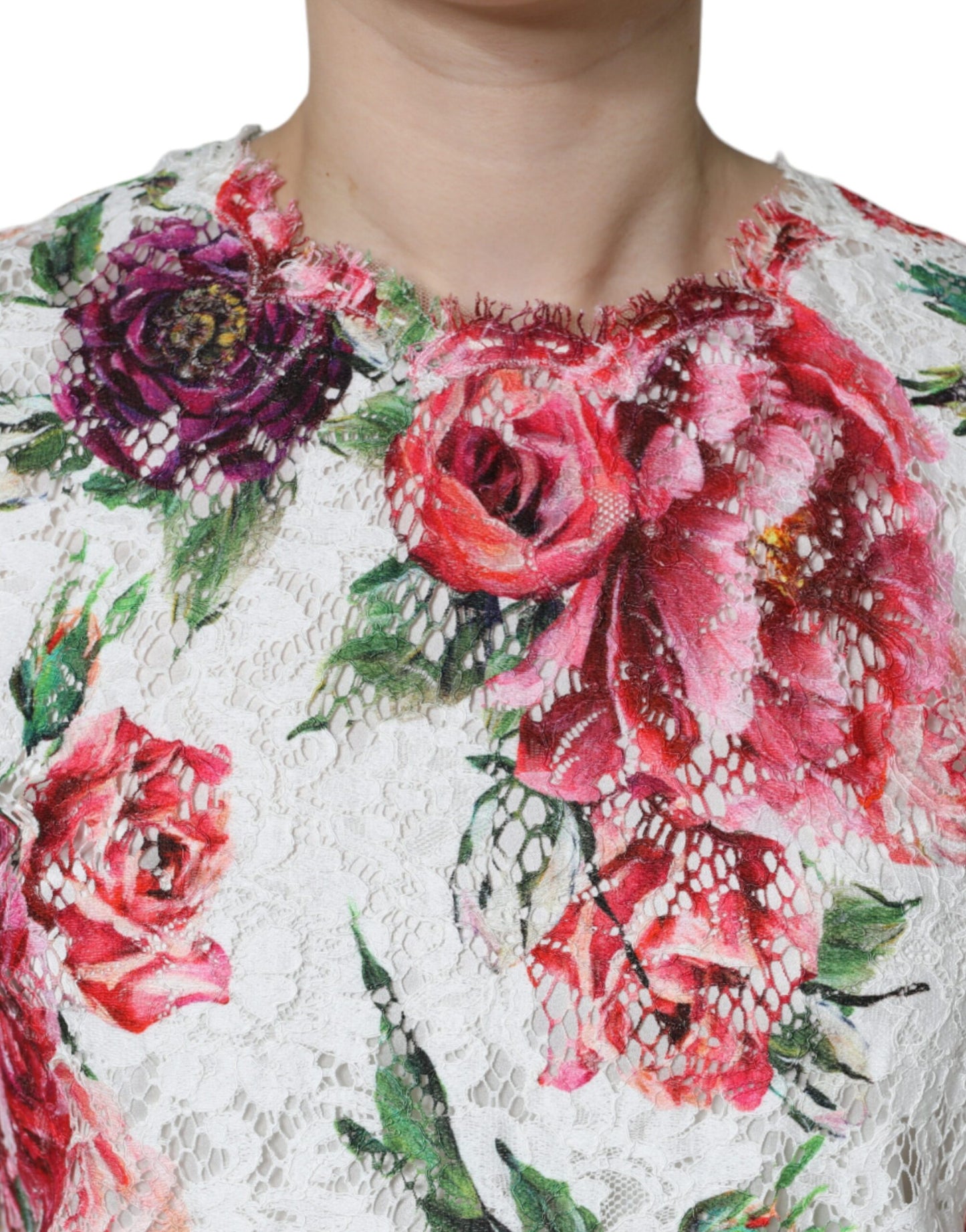 Dolce &amp; Gabbana – Kurzärmliges Blusentop mit weißer Pfingstrosenspitze