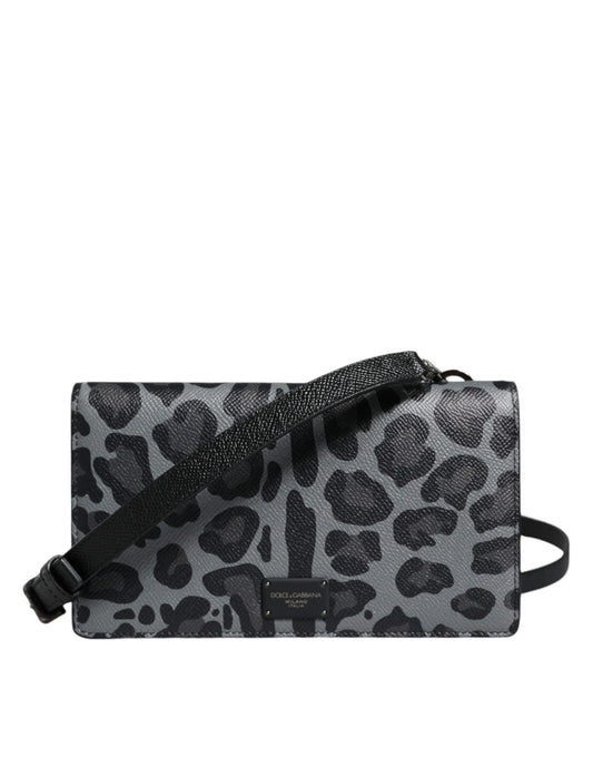 Sac bandoulière Dolce &amp; Gabbana en cuir léopard noir et gris avec deux volets et fentes pour cartes