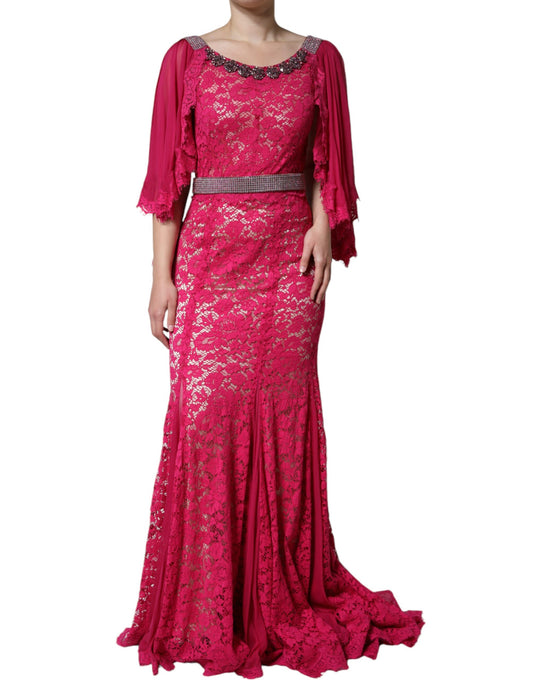 Robe fourreau longue en dentelle rose et cristaux Dolce &amp; Gabbana