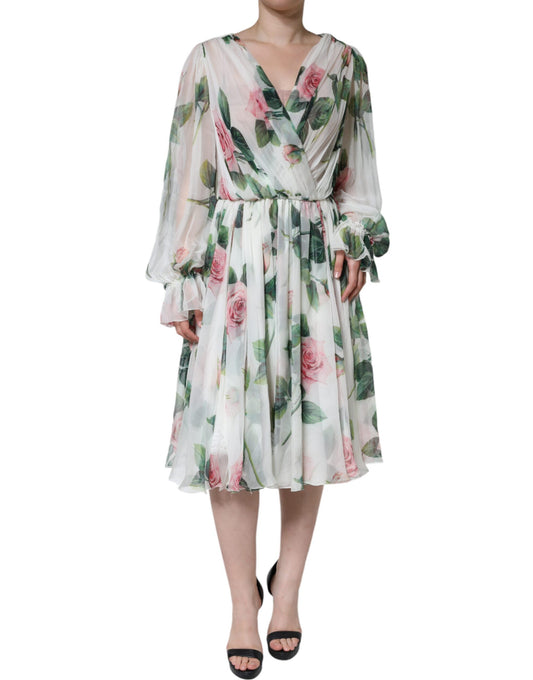 Dolce &amp; Gabbana – Weißes Midikleid aus Seide mit Blumenmuster in A-Linie