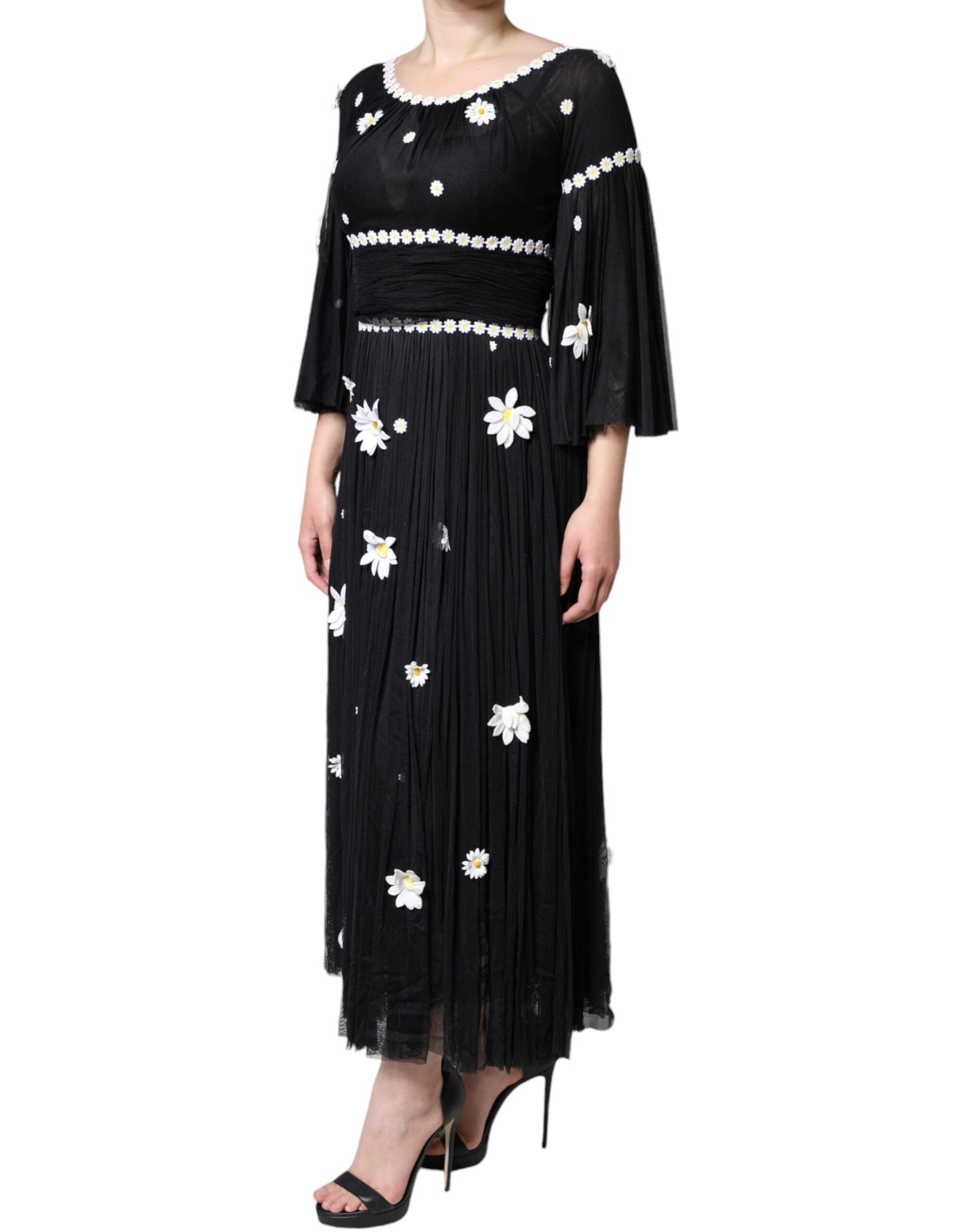 Robe longue trapèze en soie noire à imprimé marguerites Dolce &amp; Gabbana