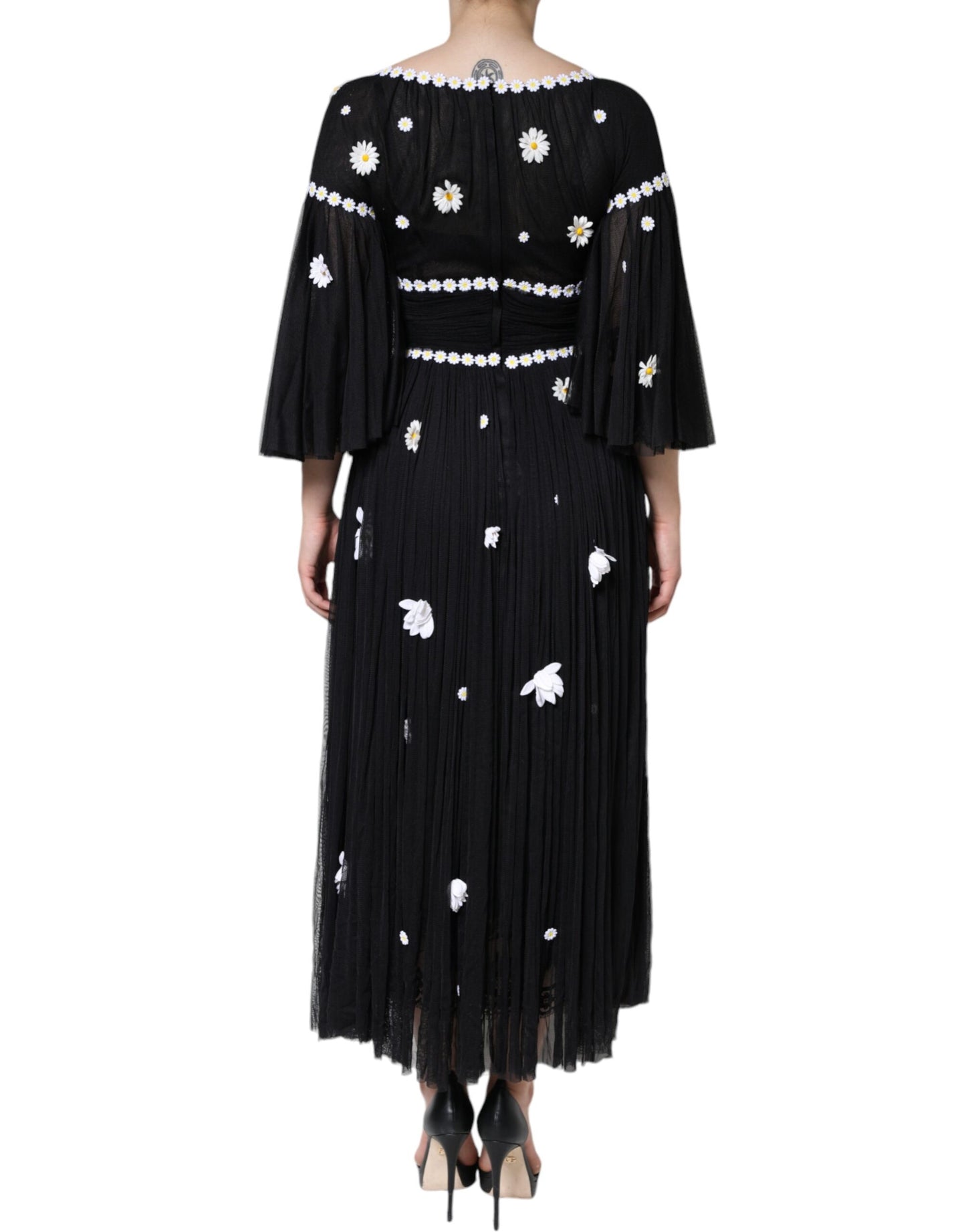 Robe longue trapèze en soie noire à imprimé marguerites Dolce &amp; Gabbana