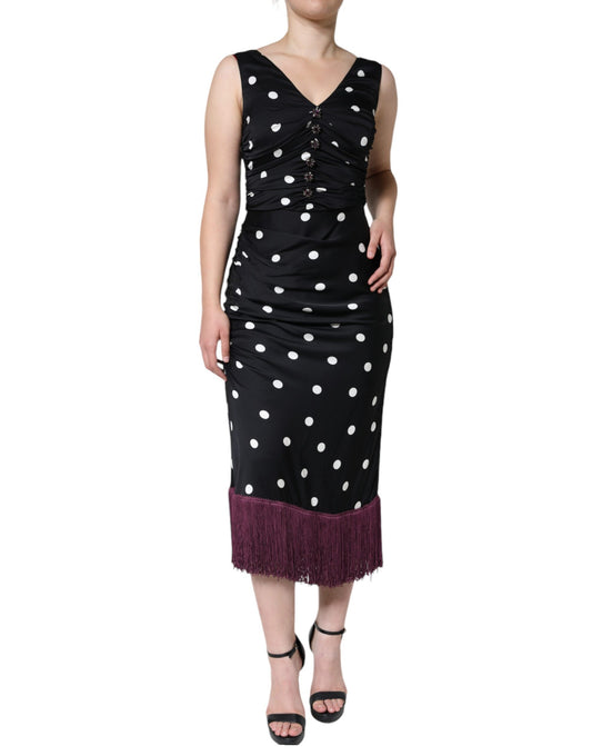 Robe mi-longue à pois et col en V en soie noire Dolce &amp; Gabbana