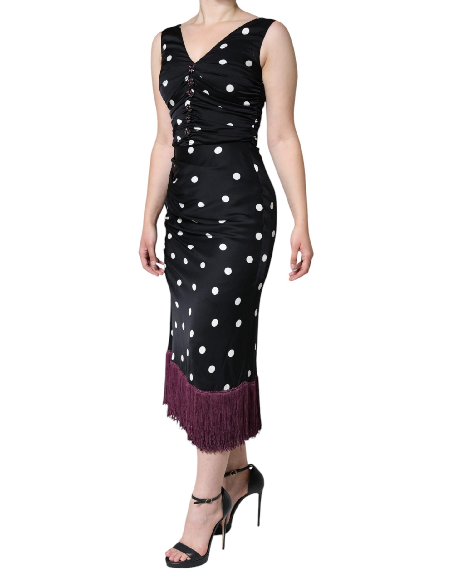 Robe mi-longue à pois et col en V en soie noire Dolce &amp; Gabbana