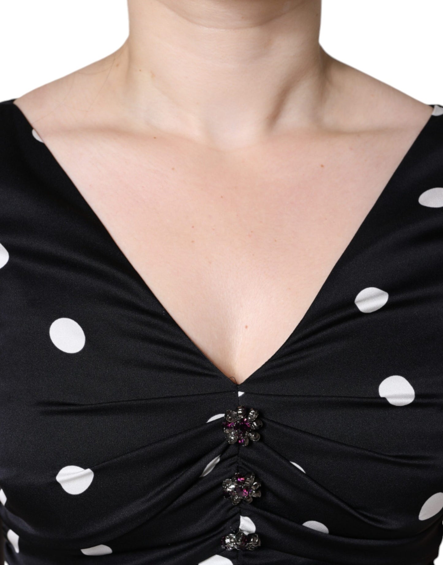 Robe mi-longue à pois et col en V en soie noire Dolce &amp; Gabbana