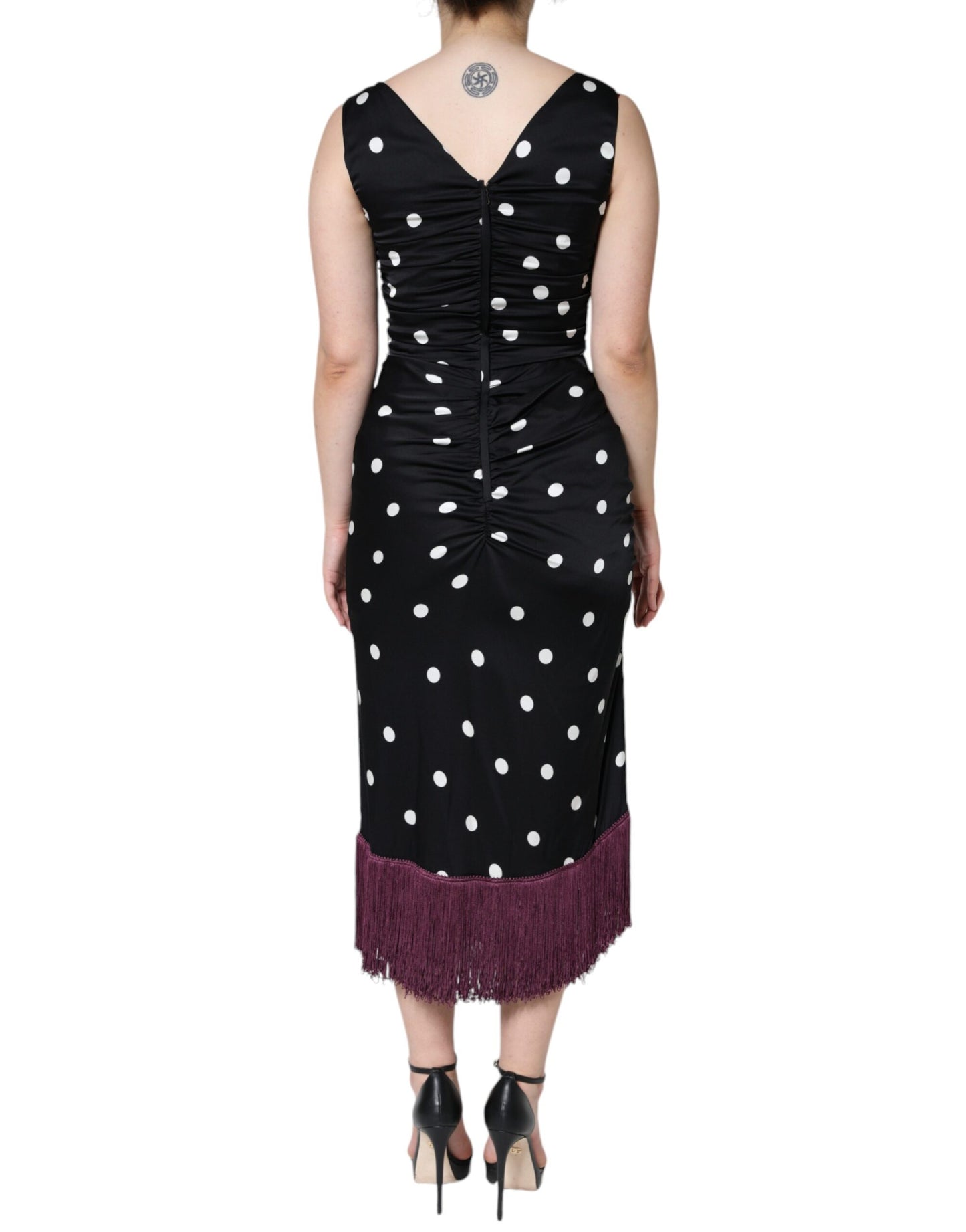 Robe mi-longue à pois et col en V en soie noire Dolce &amp; Gabbana
