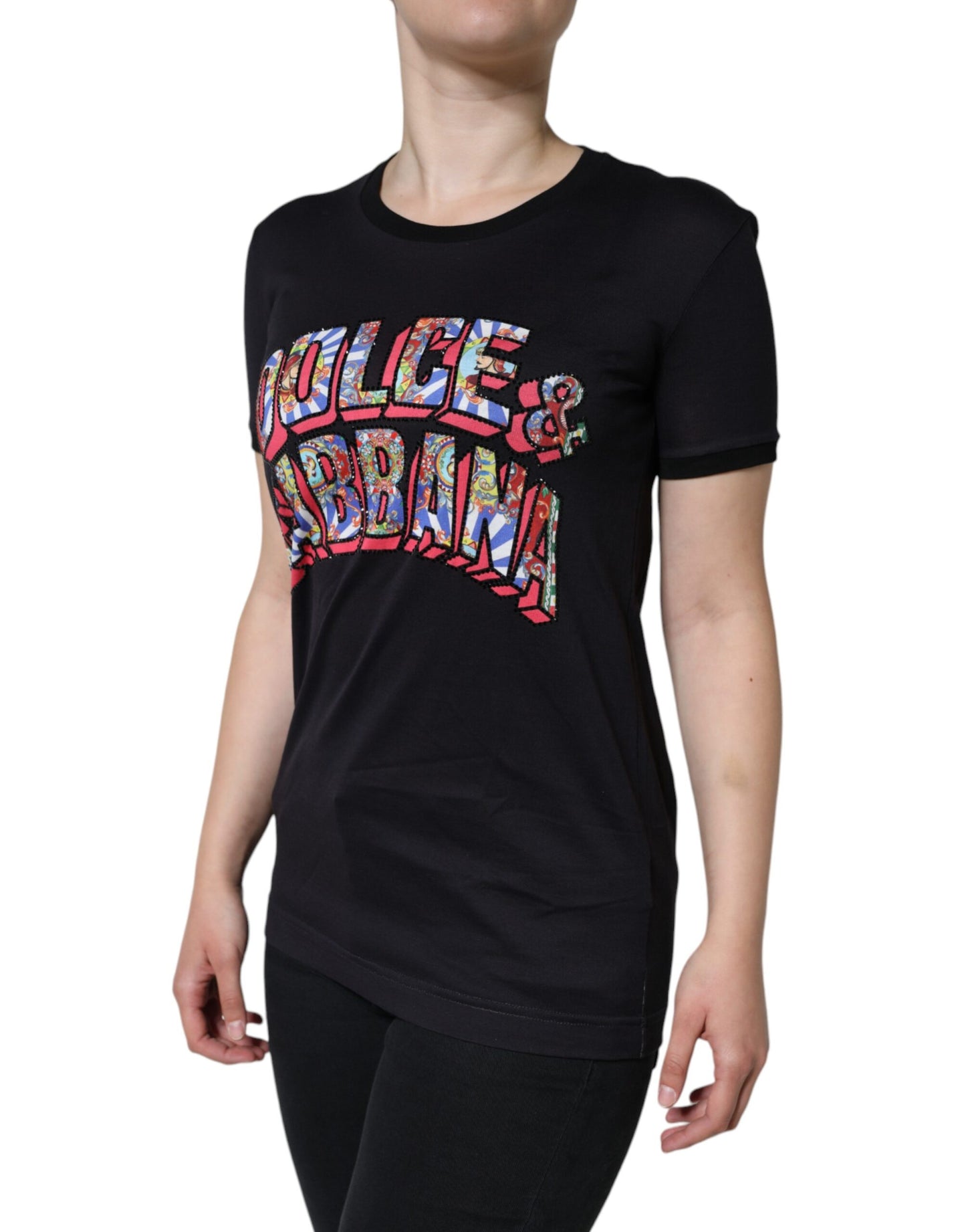 T-shirt col rond en coton noir avec logo imprimé Dolce &amp; Gabbana