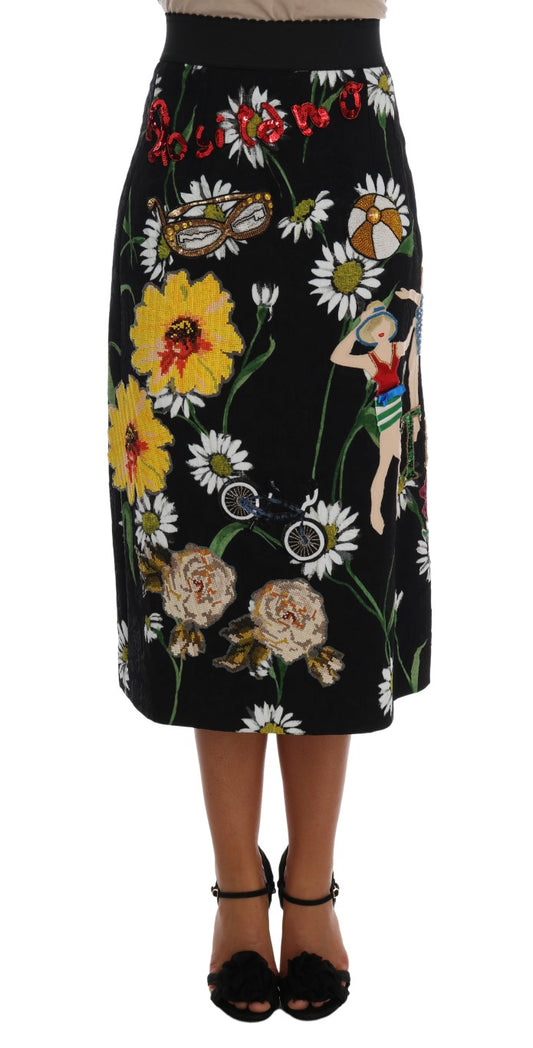 Jupe en brocart noir à ornements marguerites Dolce &amp; Gabbana