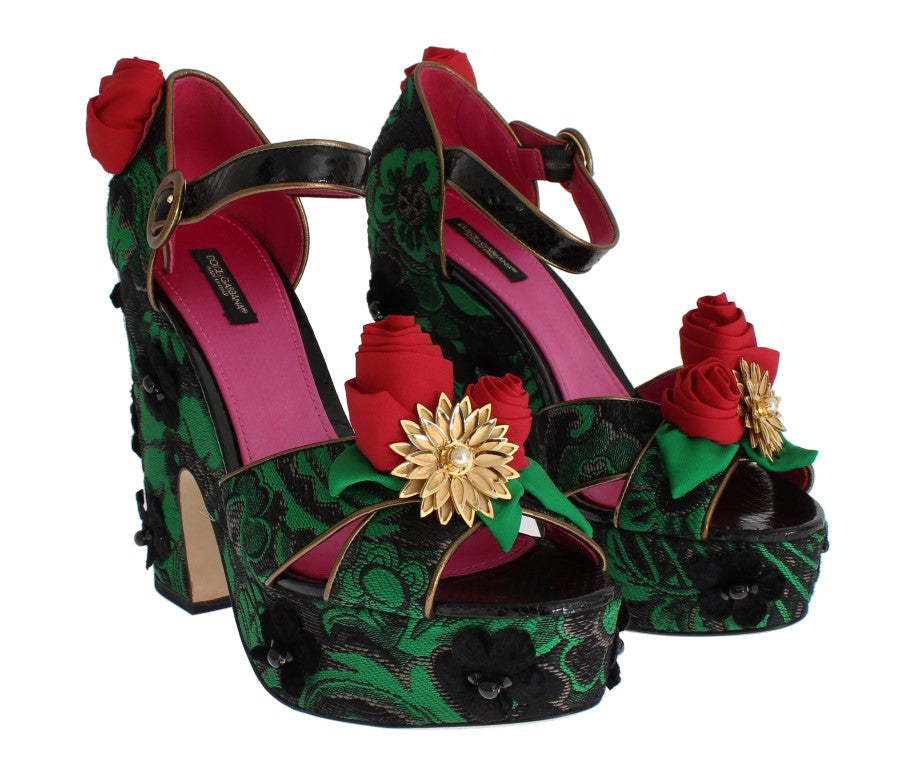 Chaussures Dolce &amp; Gabbana en brocart vert et peau de serpent avec roses et cristaux