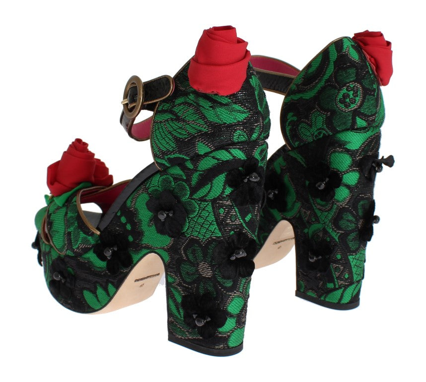 Chaussures Dolce &amp; Gabbana en brocart vert et peau de serpent avec roses et cristaux