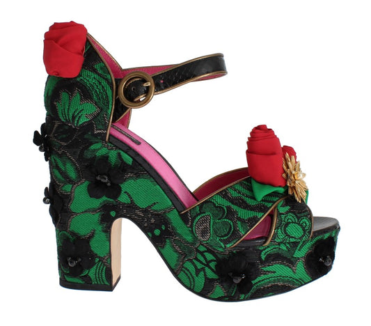 Chaussures Dolce &amp; Gabbana en brocart vert et peau de serpent avec roses et cristaux