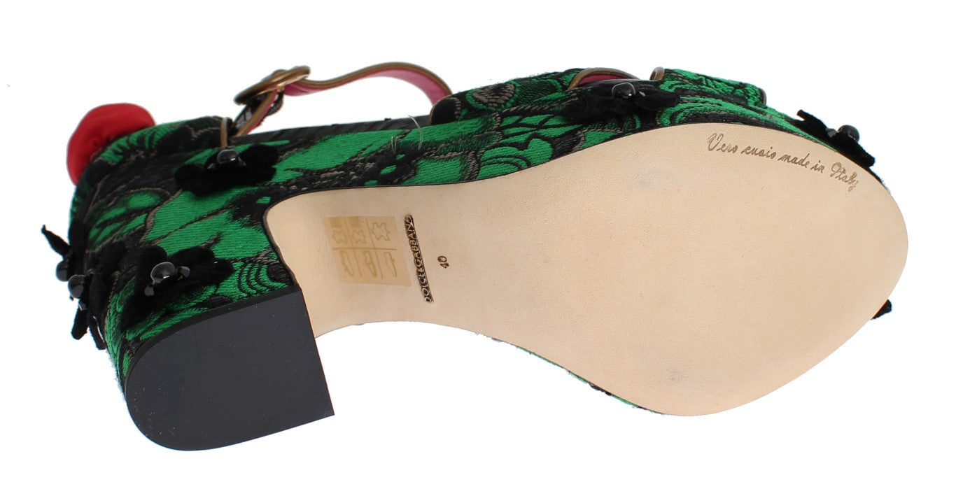 Chaussures Dolce &amp; Gabbana en brocart vert et peau de serpent avec roses et cristaux