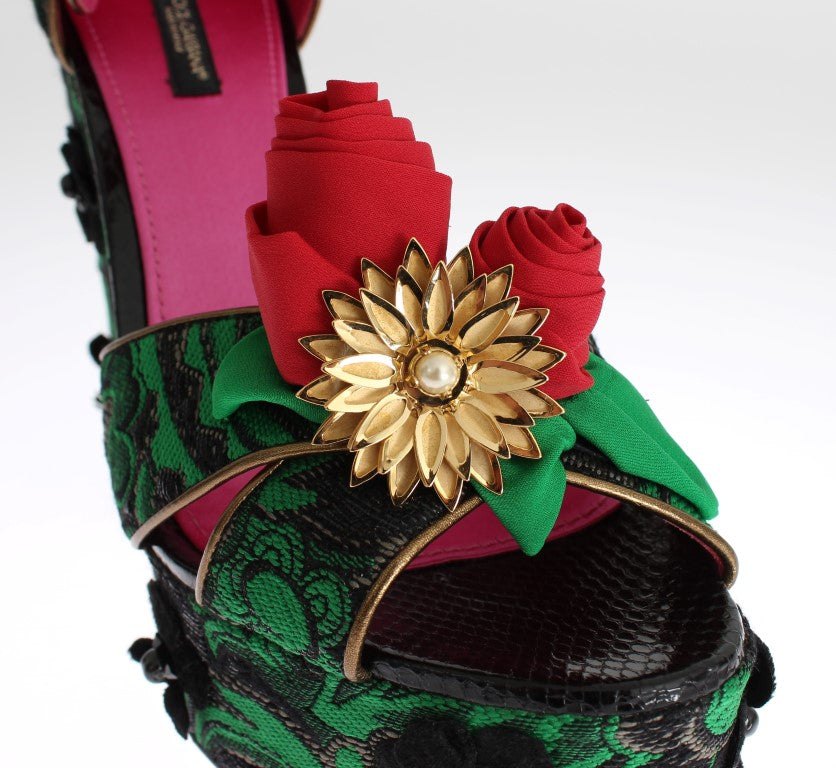 Chaussures Dolce &amp; Gabbana en brocart vert et peau de serpent avec roses et cristaux