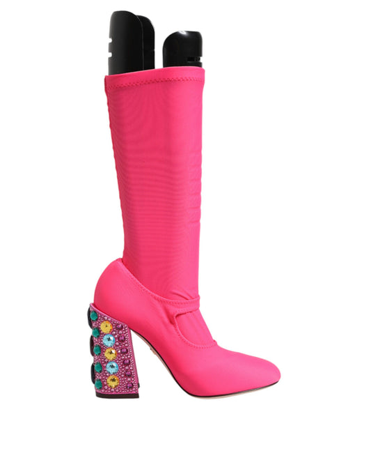 Dolce &amp; Gabbana Pink Nylon Crystal Vally Hohe Stiefel Schuhe