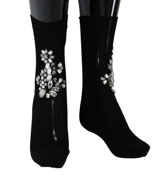 Chaussettes noires en tricot floral à cristaux transparents Dolce &amp; Gabbana