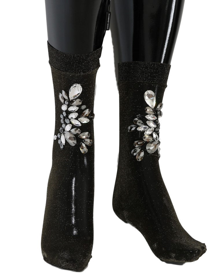 Chaussettes noires extensibles à fleurs et cristaux transparents Dolce &amp; Gabbana