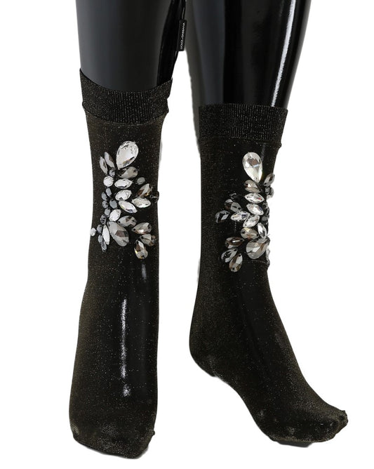 Chaussettes noires extensibles à fleurs et cristaux transparents Dolce &amp; Gabbana