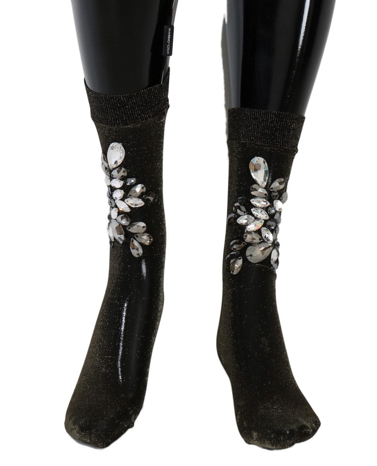 Chaussettes noires extensibles à fleurs et cristaux transparents Dolce &amp; Gabbana