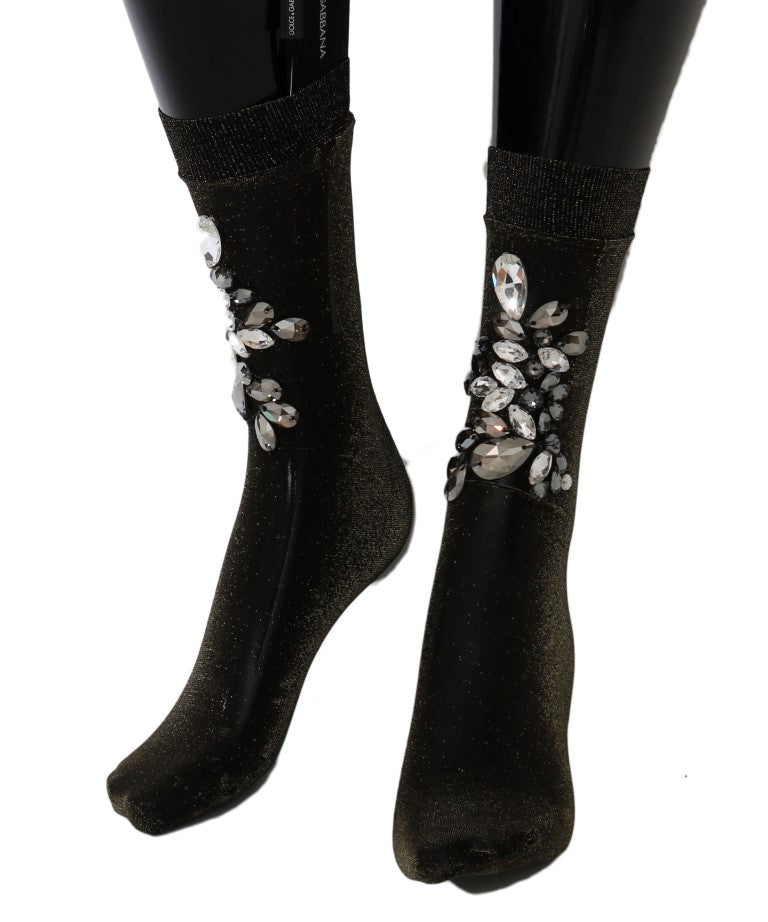 Chaussettes noires extensibles à fleurs et cristaux transparents Dolce &amp; Gabbana
