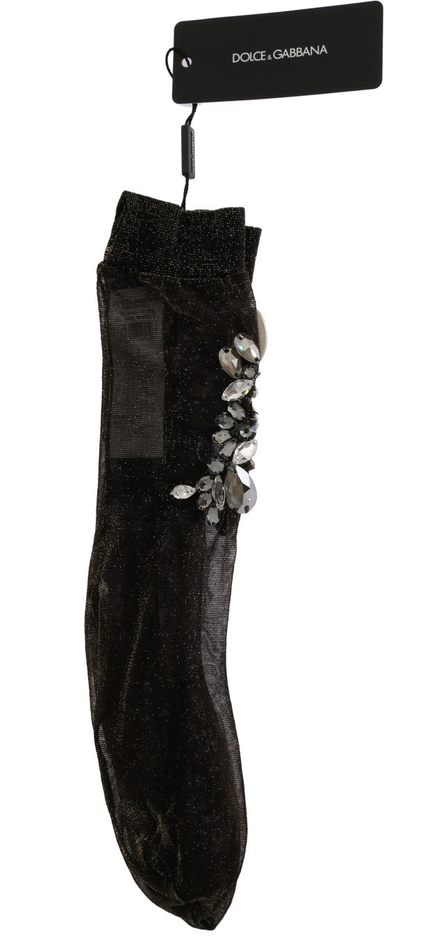 Chaussettes noires extensibles à fleurs et cristaux transparents Dolce &amp; Gabbana
