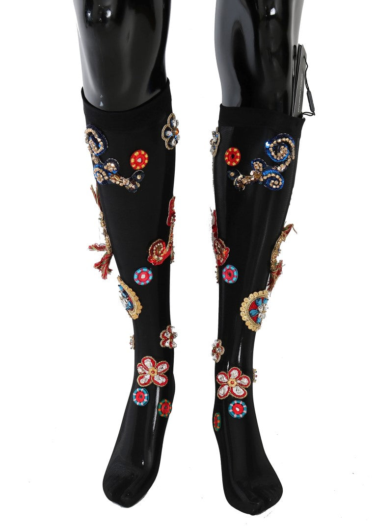 Chaussettes noires extensibles Carretto Crystal de Dolce &amp; Gabbana