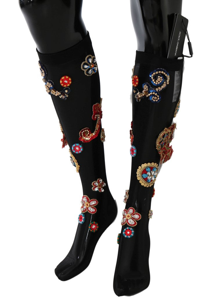 Chaussettes noires extensibles Carretto Crystal de Dolce &amp; Gabbana