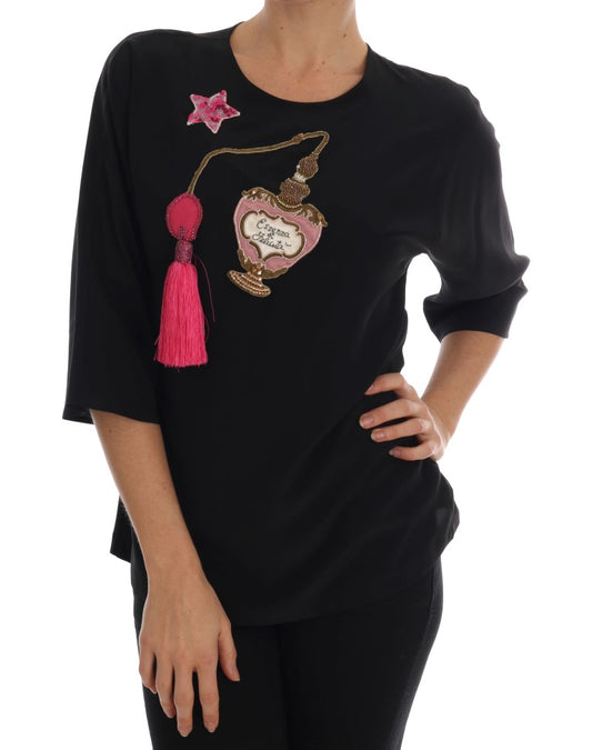 Chemisier en soie noire Dolce &amp; Gabbana avec cristaux et haut conte de fées