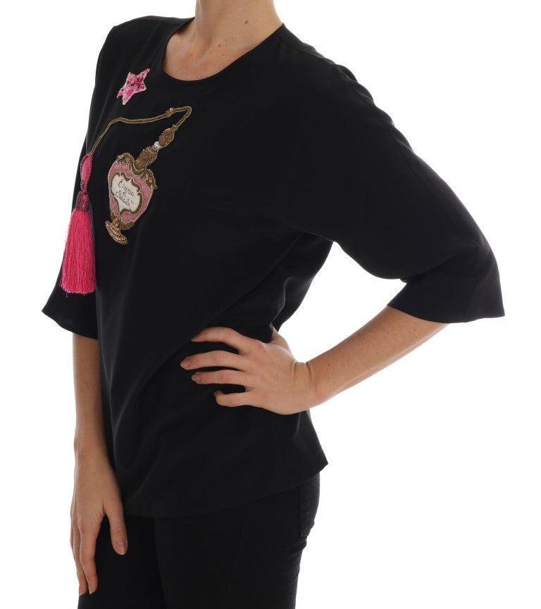 Chemisier en soie noire Dolce &amp; Gabbana avec cristaux et haut conte de fées