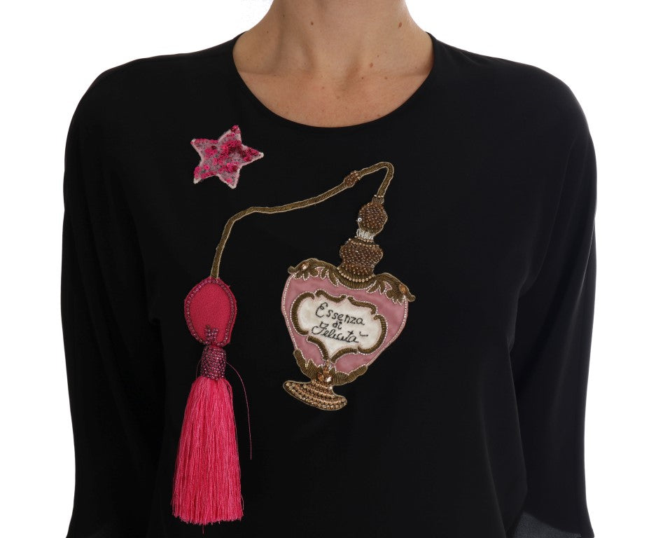 Chemisier en soie noire Dolce &amp; Gabbana avec cristaux et haut conte de fées