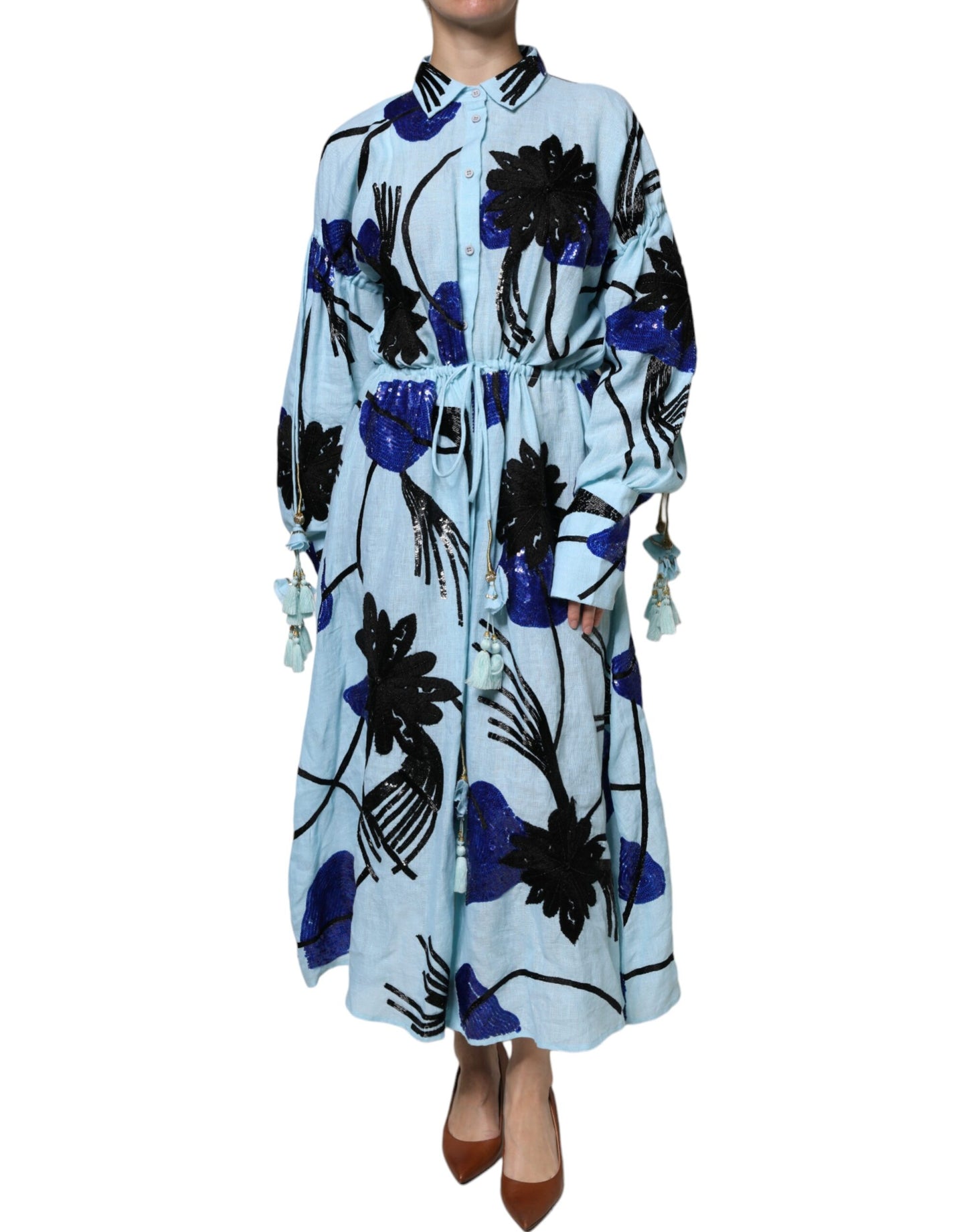 Robe chemise longue bleu clair à fleurs Christian Pellizzari