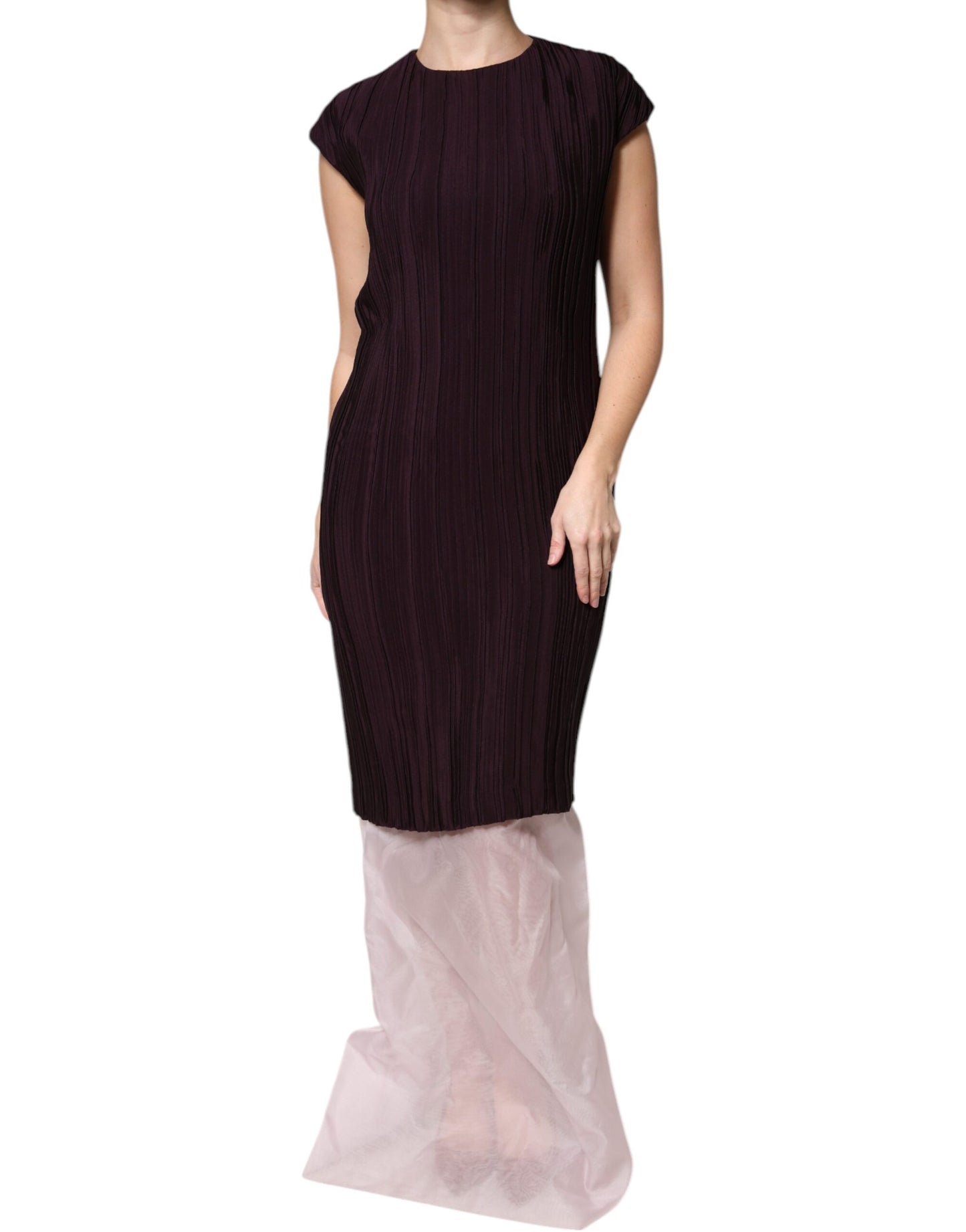 Robe fourreau longue en soie marron à manches courtes Barbara Casasola
