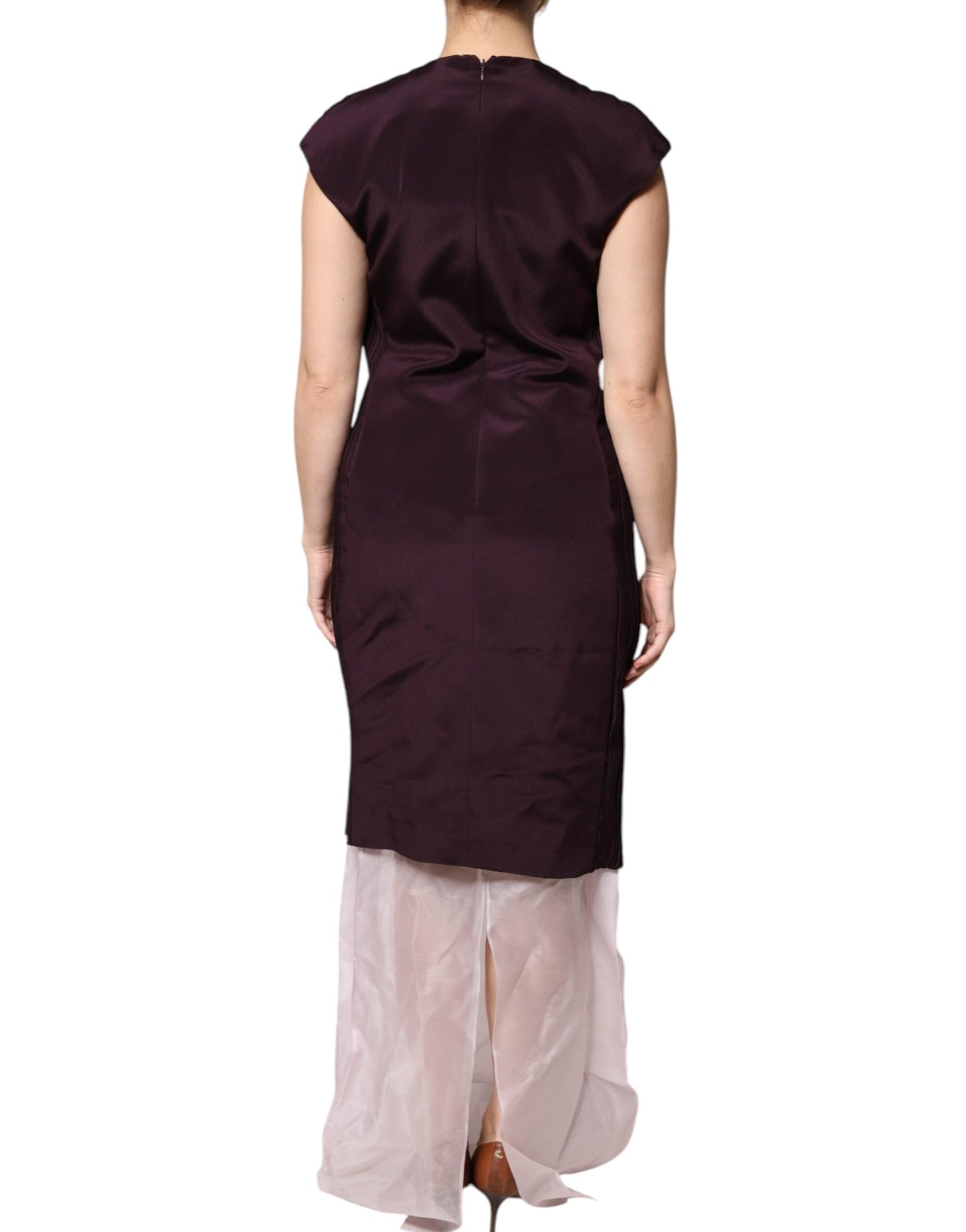 Robe fourreau longue en soie marron à manches courtes Barbara Casasola