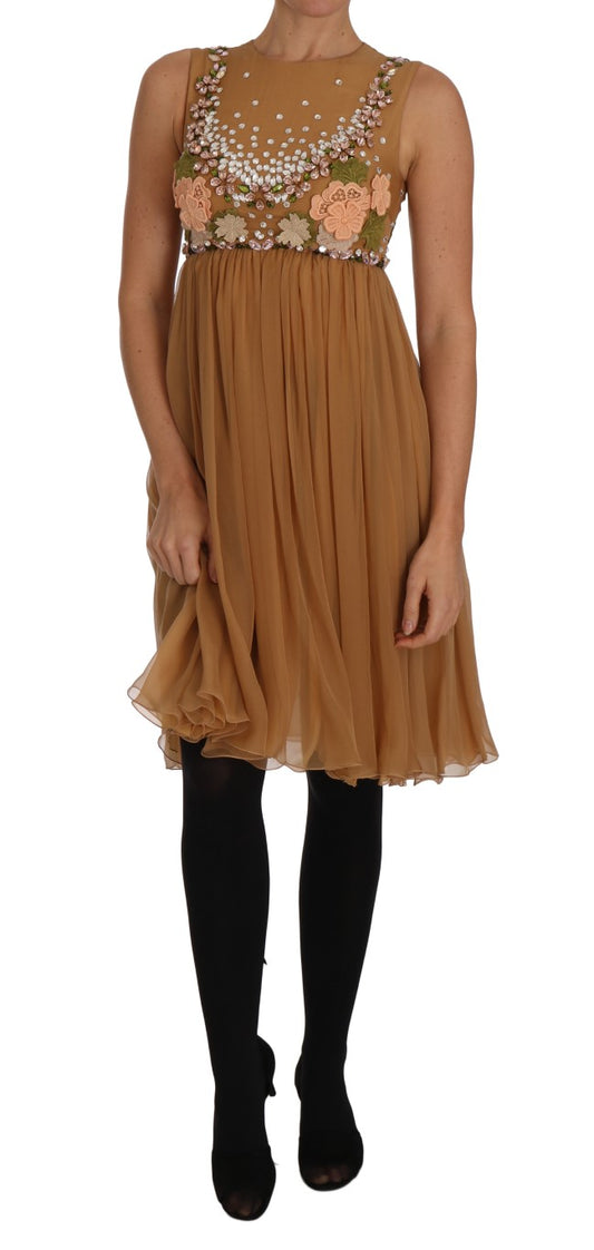 Robe trapèze en soie dorée et cristal Dolce &amp; Gabbana